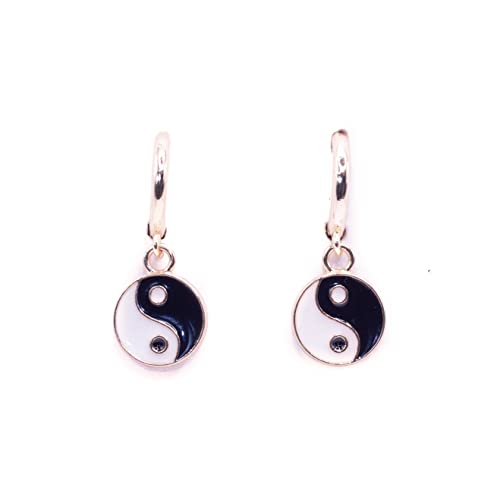 ZARZAMORA Pendientes Mujer Yin Yang y Aros Chapados en Oro de 14 Quilates- Aretes Colgantes Esmaltados Disco con Forma de Círculo- Regalo Original
