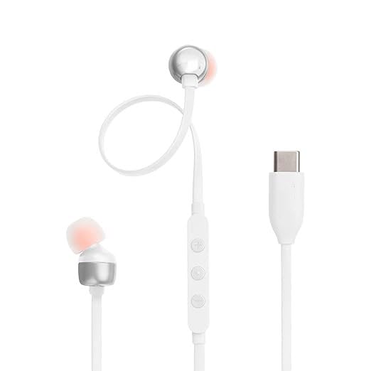 Image of Original Type C Earphone for JBL Tune 310 C, Hi-Res Audio with DAC, 3-Button EQ Remote with Mic, Powerful Bass, Tangle-Free Flat Cable, Compatible with USB-C Devices -White