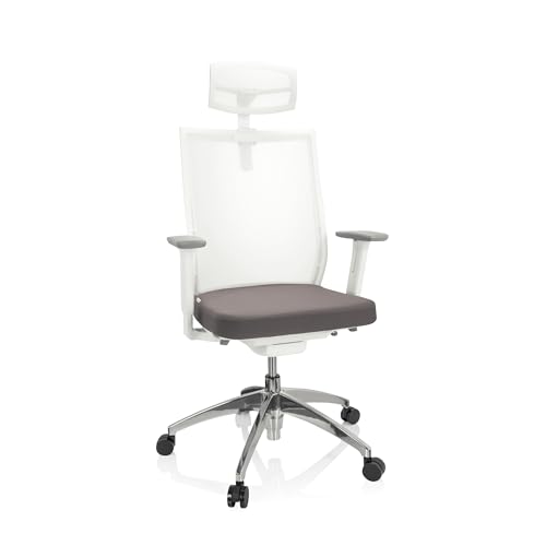 hjh OFFICE 657632 Bürostuhl ergonomisch Aspen White PRO Schreibtischstuhl mit Verstellbarer Kopfstütze, Netzrücken, Stoff Grau/Weiß