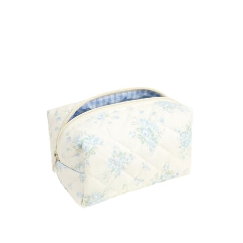 2Pcs Mini Floral Quilted Makeup Bag set,Cute Cosmetic Bag for Women and Girls,Travel Coqutee Aesthetic Organized Bag (blue and white)4