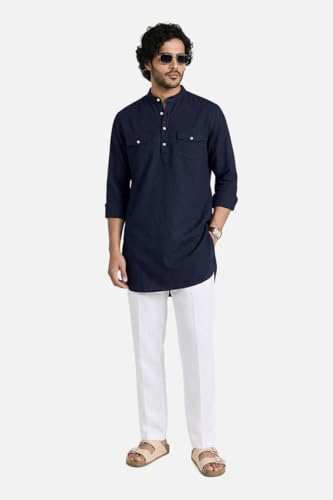 Image of SNITCH Men Casual Kurta Shirt | Regular Fit Full Sleeve Mandarin Collar Solid Pattern | Premium Cotton Linen Blend & Breathable Fabric for Festive Season & Holiday Wear
