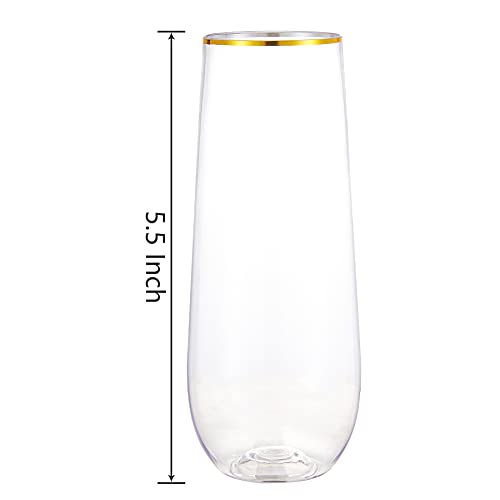 N9R 12PCS Plastic Champagne Flutes, 9 oz Stemless Disposable Gold Rim Toasting Glasses, Crystal Clear Cocktail Cups Drinkware Shatterproof Ideal for Party Wedding Birthday