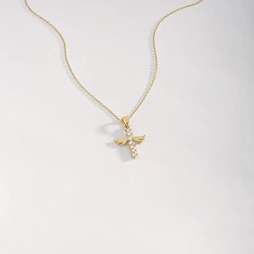 14K Solid Gold Angel Cross Necklace | 14K Real Gold Winged Cross Necklace For Women | Cz Guardian Angel Pendant Necklace | Dainty Religious Jewelry | Gifts For Birthday, 18" #TOP3
