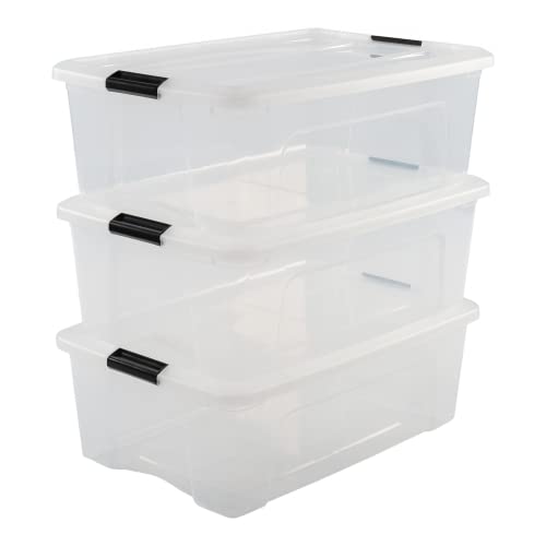 Iris Ohyama, Boîtes de rangement plastique avec couvercle et clips de fermeture, 30L, Lot de 3, Poignée intrégrée, Empilable, Sans BPA, Chambre,Bureau, Salon, NTB-30, Transparent