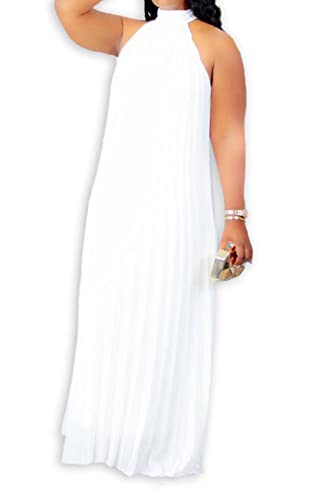 Image of Aro Lora Womens Casual Sleeveless Plus Size Chiffon Halter Neck Pleated Loose Long Maxi Dress