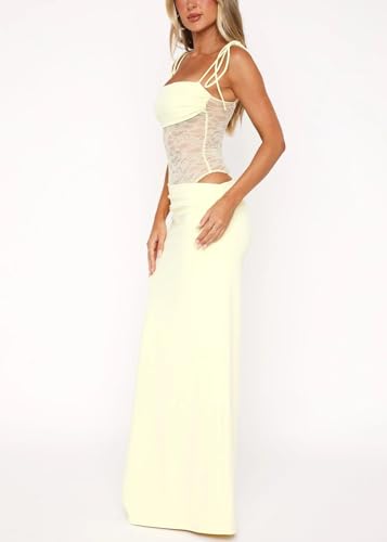 Image of Women's Lace Splicing Cutout Maxi Dress Square Neck Sleeveless Bodycon Long Dress with Sheer Corset