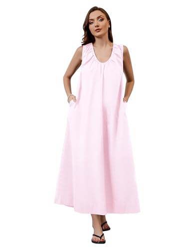 Image of OLAPTA Women Summer Sleeveless Maxi Dress Scoop Neck Ruched Loose Fit Casual Elegant Solid Vacation Long Dress with Pockets