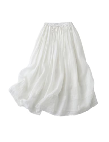 IDEALSANXUN Linen Skirts for Women Summer Casual Elastic High Waisted Flowy A Line Midi Skirt with Lining