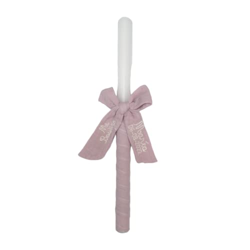 Vela para Bautizo personalizada - Vela Bautismal Personalizable con nombre y fecha – Cirio sacramental decorado - Cirio de Bautizo - Modelo Bambula – Nenel (Rosa Maquillaje)