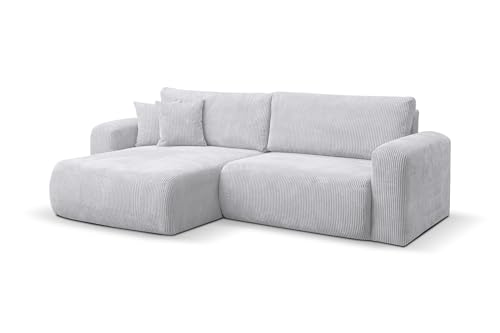VENASI MÖBEL Canapé d'angle Roma en forme de L avec coffre de rangement, gris clair, tissu côtelé, ottoman universel