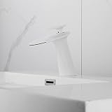 SJQKA Grifo Lavabo Cascada, Grifo Baño Lavabo,Grifos Mezclador De Baño De Latón Monomando, Grifo Mezclador De Lavabo,Agua Fria Y Caliente Disponible (Blanco)