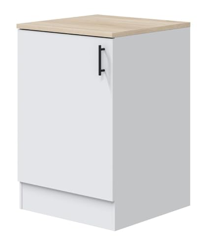 PEGANE Meuble Bas de Cuisine avec Plan de Travail, 1 Porte Coloris Blanc Brillant/chêne Canadien - Hauteur 90 x Longueur 60 x Profondeur 60 cm