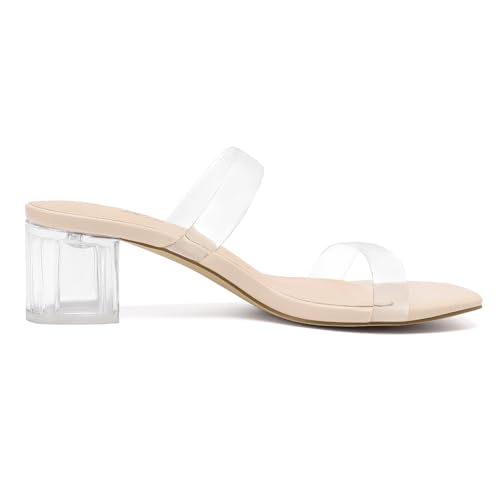 Athlefit Women's Two Strap Open Toe Heels Sandals Chunky Block Comfortable Slip On Low Heel Dress Shoes2