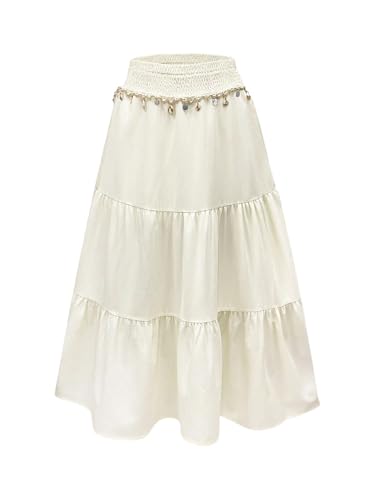 GORGLITTER Women's Summer Flowy Maxi Skirt Boho Trendy Shell Smocked Waist Ruffle A Line Beach Long Skirts - Main Image