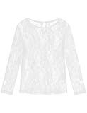 Noomelfish Girls Lace Long Sleeve Layering Tops Sheer Mesh Tee Shirts Blouse, Flower White, Size 7-8 Years