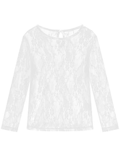 Image of Noomelfish Girls Lace Layering Tops Sheer Mesh Tee Shirts Blouse (5-12 Years)