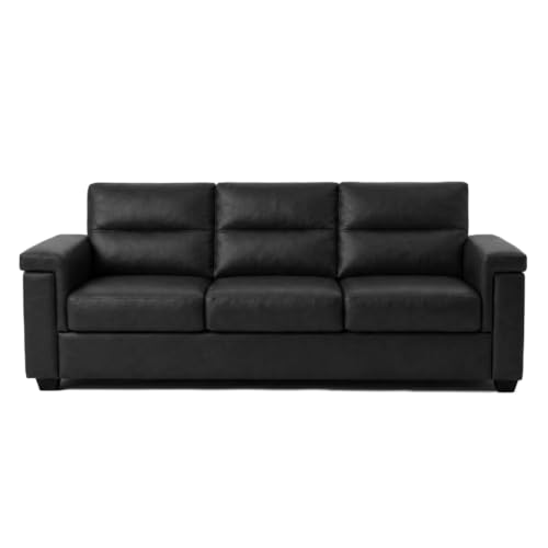 Image of FURNY Parker 3 Seater Fabric Sofa Set with Leatherette Finish | Durable Comfort | Ideal for Living Room | Modern Design (Black Leatherette)
