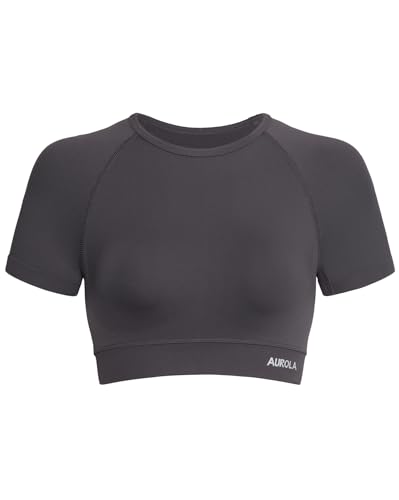 AUROLA Influence Crop Top Workout Shirts for Women, Ultra-Soft Seamless Gym T Shirts Short Sleeve Running Workout Tops,Plum Truffle,M