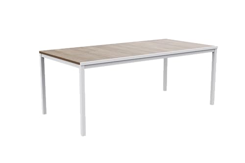 Keter Avon - Table de Salle à Manger rectangulaire extérieure, Jardin, terrasse, 200 x 95 x 75 cm, capacité 8 Personnes, résine, Plateau Finition Imitation Bois, Cadre Blanc