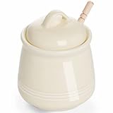 HAOTOP Ceramic Honey pot with Lid and Honey Dipper,Porcelain Honey Jar Easy to Clean and Dishwasher Safe,12oz (Beige)