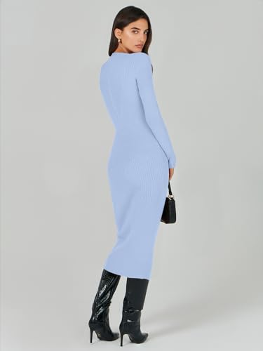Image of ANRABESS Women Long Sleeve Sweater Dress Crewneck Bodycon Stretch Slim Fit Ribbed Knit Midi Dresses 2025 Fall Trendy Outfits Blue X-Large