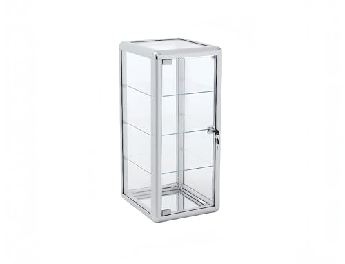 Lockable Tempered Glass Display Case – 4-Shelf Countertop Showcase with Aluminum Frame – 12”D x 14”W x 27”H Silver Cabinet for Retail, Jewelry & Collectibles