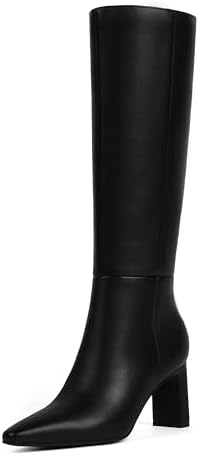 Knee High Boots Women Faux Leather Chunky High Heel Pointed Square Toe Side Zipper Fall Long Tall Boots for Women