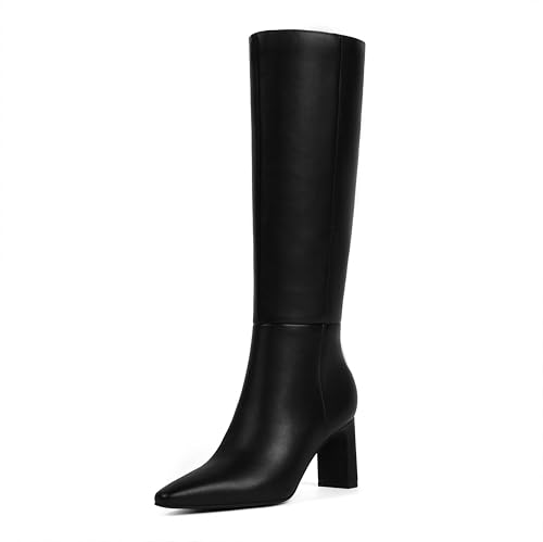 Knee High Boots Women Faux Leather Chunky High Heel Pointed Square Toe Side Zipper Fall Long Tall Boots for Women