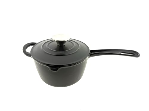 CROFTON Gusseisen-Topf mit Deckel Stielkasserolle 1,7 L, Dreifach Emailliert, Backofenfest bis 250°C (Schwarz)