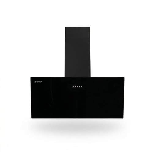 EVVO Campana Extractora 90 cm Decorativa, Potencia 650 m³/h, Filtro de Carbono Activo y de Alumino 5 Capas, 3 Velocidades, 2 luces LED, Eficiencia energética A (CE45 Cristal Black)