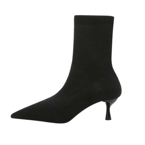 Women'S Knitted Stiletto Pull On Socks Boots Sexy Pointed Toe Breathable Low Heel Non-Slip Party Dating Casual Short Boots