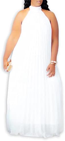Aro Lora Womens Casual Sleeveless Plus Size Chiffon Halter Neck Pleated Loose Long Maxi Dress 4X-Large White