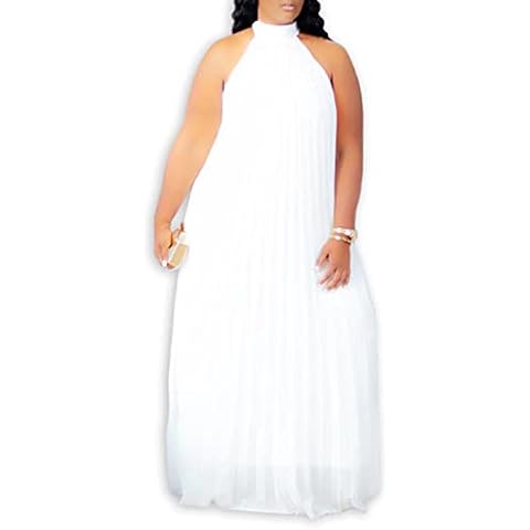 Aro Lora Womens Casual Sleeveless Plus Size Chiffon Halter Neck Pleated Loose Long Maxi Dress 3X-Large White Cover