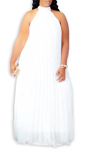 Aro Lora Womens Casual Sleeveless Plus Size Chiffon Halter Neck Pleated Loose Long Maxi Dress 3X-Large White