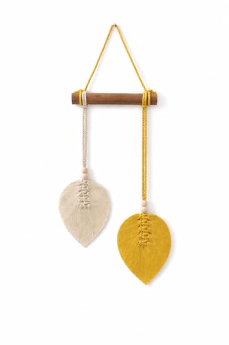 Image of AdFashionble Boho Macrame Wall Hanging Leaf Decor for Home, Living Room & Bedroom | Cotton Thread Art with Wooden Rod | Minimalist Handmade Wall Decoration | Aesthetic Nordic Wall Art for Home, Office & Gift Purpose Lenght- 58 cm Width- 15 cm (YELLOW & OFFWHITE)