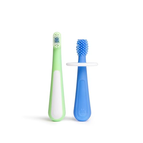 Ubbi Grow with Me Toothbrush Training Set for Babies and Toddlers, Includes Silicone Finger Brush, 360° and Soft Bristled Toothbrush, Polaris Blue