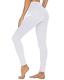 CAMPSNAIL Leggings for Women UK with Pockets High Waisted Ladies Black Sport Stretchy Gym Trousers Running Soft Tummy Control Yoga Pants Workout Hiking(White,L/XL)