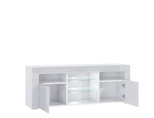 Furneo Puzzo – White TV Stand 120 cm, Matt & High Gloss Finish, Blue LED Lights