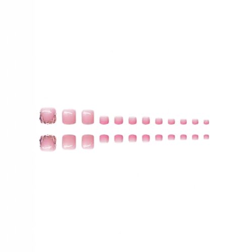 Image of 48 Pcs Diamond Press on Nails Pink Press on Toenails Set Square Fake Nails with Design French Tip Glue on Nails Glossy Artificial Acrylic Full Cover False Toe Nails Stick on Nails for Women Manicure