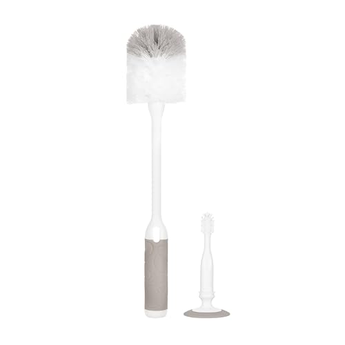 Image of Ubbi Deluxe 2-in-1 Baby Bottle Cleaning Brush Set, Taupe | Includes Nipple Brush with Suction Cup, Standing Bottle Brush, Dishwasher Safe, Baby Registry Essential