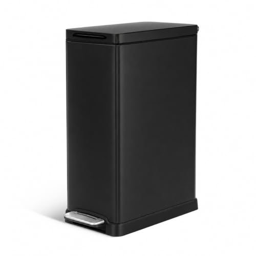 Image of Home Zone Living 12 Gallon Slim Kitchen Trash Can with Soft Close Lid, Step Pedal, Bag Tuck Band, and Removable Liner, Stainless Steel, Black
