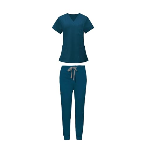Amagogo Conjunto de uniformes exfoliantes para enfermera, ropa de trabajo, Top y pantalones cómodos con escote en V, trajes profesionales, Azul oscuro S