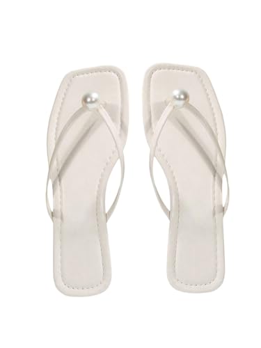 GORGLITTER Women's Pearl Flip Flops Square Open Toe Thong Slide Dressy 2025 Wedding Dress Flat Sandals