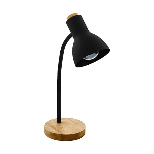 EGLO Tischlampe Veradal, 1 flammige Schreibtischlampe, skandinavisch, Tischleuchte aus Metall, Kunstsoff in Schwarz, Holz in Braun, Bürolampe, Lampe mit Schalter, E27 Fassung