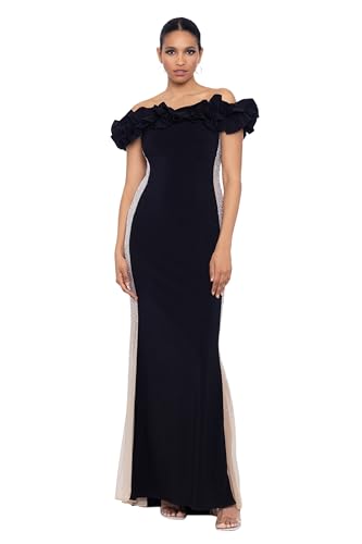 Xscape Women's Long Off The Shoulder Ruffle Beaded Mesh Back Dress