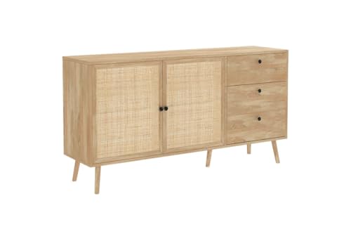 Buffet - Aparador de Ratán Natural con 3 Cajones y 2 Puertas - 150x39x79 cm - Elegante Almacenamiento para Salón.