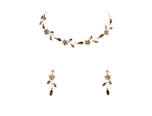 Faship Smoked Topaz Chocolate Brown Floral Necklace Earrings Set - Smoked Topaz/Rose Gold Plated