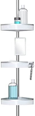 Close-up of a shower caddy shelf with a loofah hanging from an accessory hook