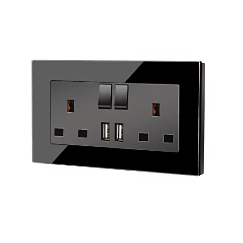 CNBINGO 5 Pack Glass Double Switched Socket with 2 USB-A Charging Ports (Output 2.1A), Black Tempered Glass Panel Wall Outlet, 2 Gang 13 Amp Electric Power Socket