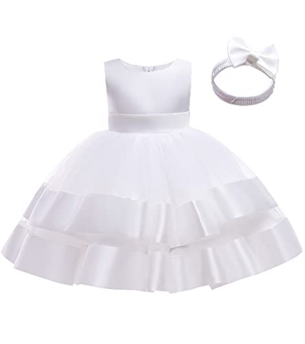 Flower Girl Dresses Size 3 4 Years Girls' Vestidos para niÃ±as Elegantes for Wedding Birthday Pageant Party Prom Fancy Tulle Ball Gowns Sleeveless Knee Formal Pure Bow Dress (White, 110)